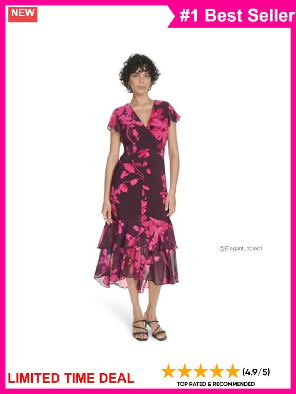Chiffon Flutter Sleeve V-Neck Hi-Lo Midi Dress Ruffle Trim Work Casual